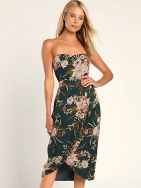 Lulu's Dark Green Strapless Floral Wrap Midi Dress